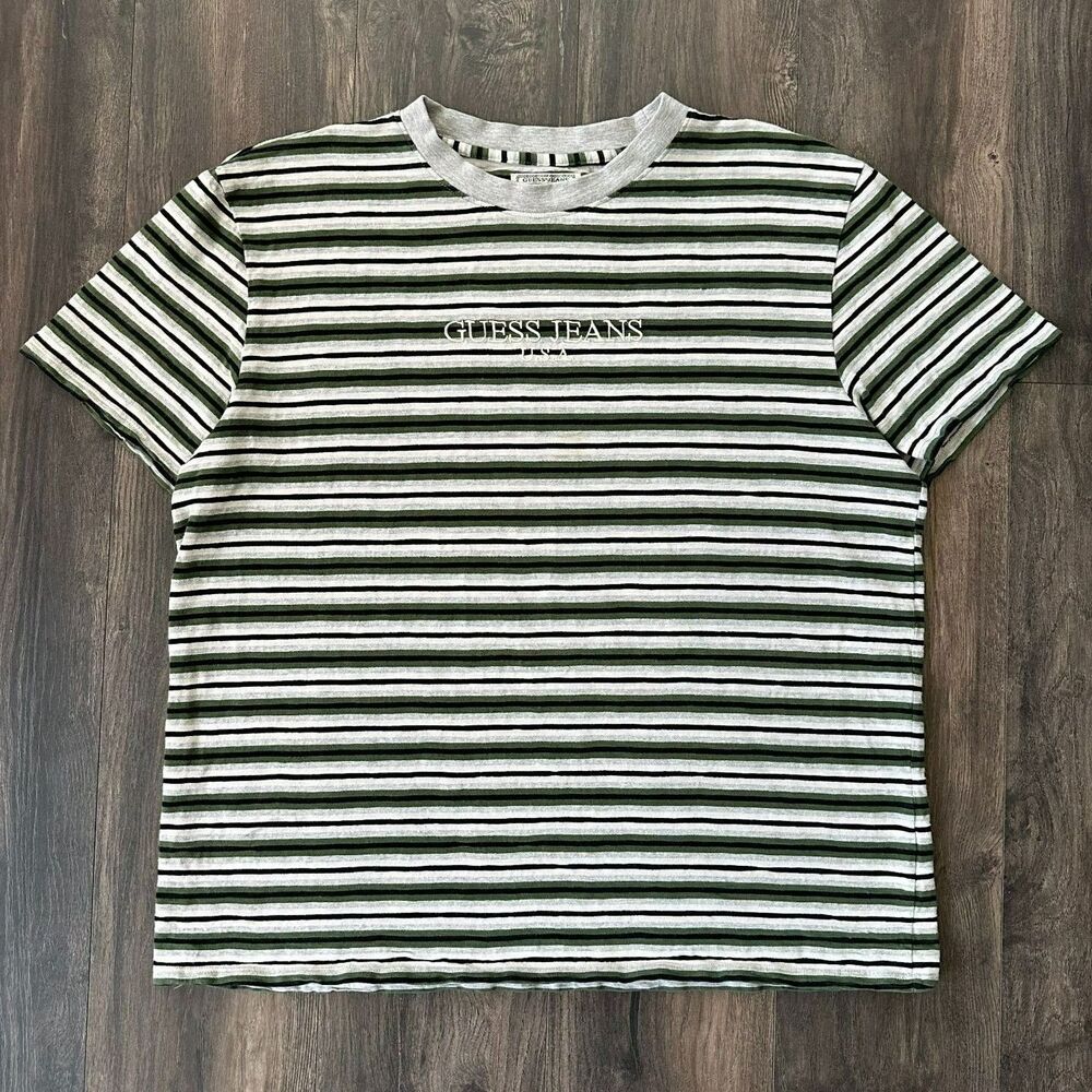 Vintage Guess Jeans Striped Short Sleeve Shirt Green Gray Embroidered logo Sz XL